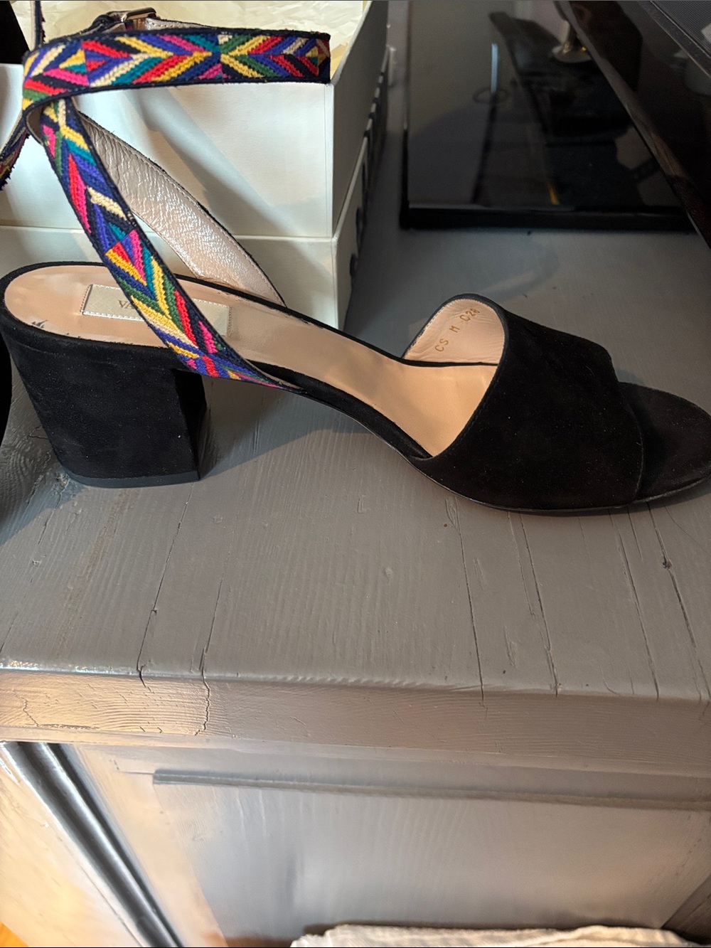 Black Suede Slingback Heels with Colorful Embroidered Strap - Picture 4 of 10